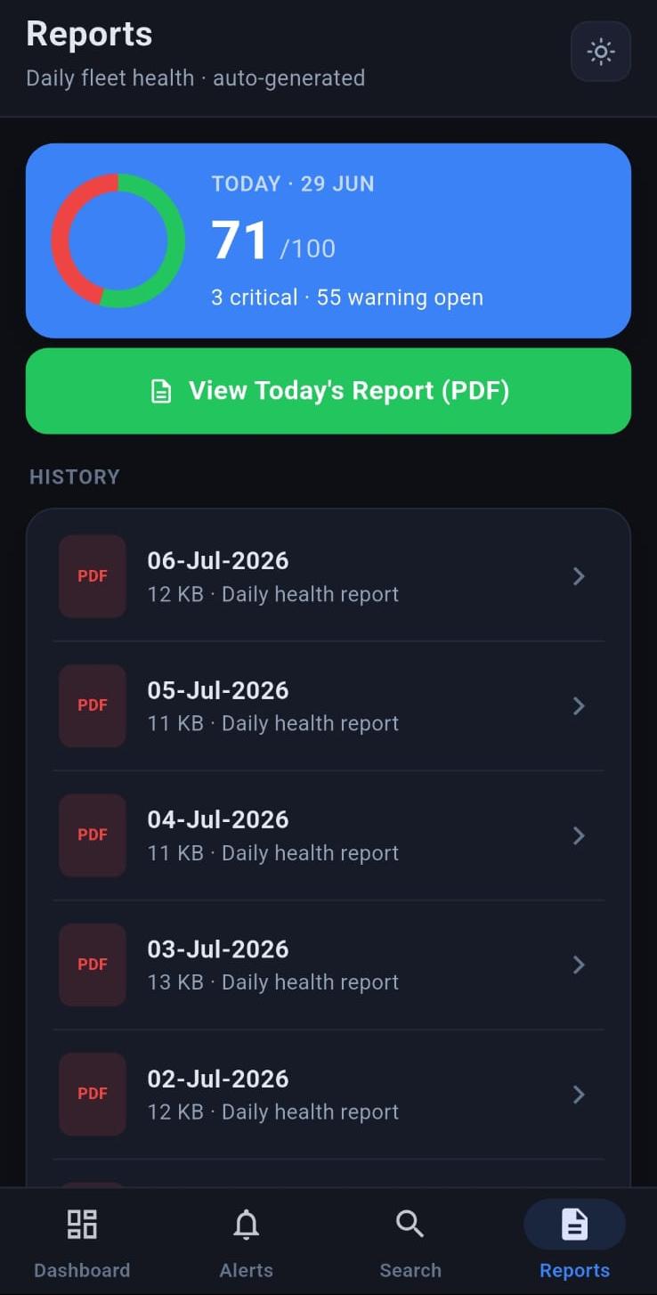 tracPulse mobile app reports screen with today's fleet health score and a history of daily health report PDFs